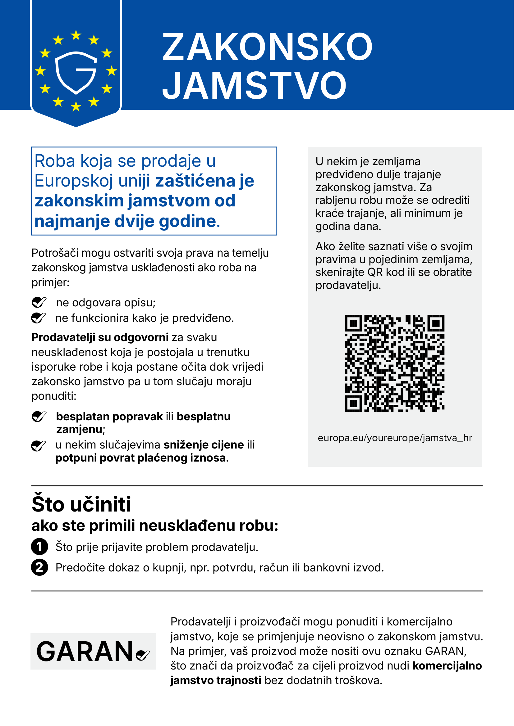 Obavijest o zakonskom dvogodišnjem jamstvu usklađenosti u EU